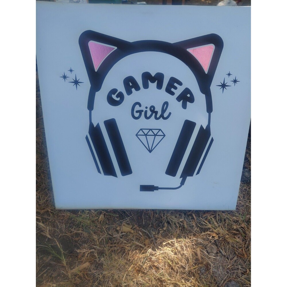 Gamer Girl Wall Art Canvas Print - Black And Light Blue 12x12